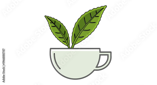 Green Tea Cup Illustration with Fresh Leaves
