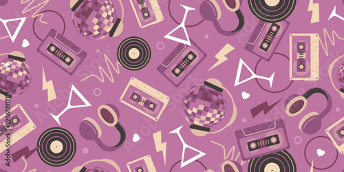 Colorful seamless retro pattern of 80s-90s with disco and music elements.  Disco banner.  Memphis style background. Vector illustration