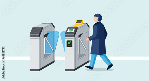 Person passing through automated ticket turnstile gate