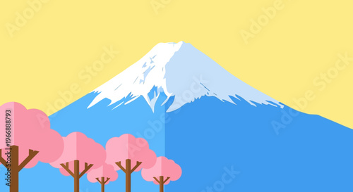 Flat Vector Illustration of Mount Fuji with Cherry Blossom Trees in Spring
