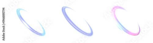 Abstract glowing streaks of light in vibrant blue, purple, and pink hues moving in an elliptical pattern. White background.