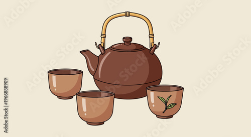 Traditional Japanese Tea Set with Iron Teapot and Ceramic Cups