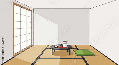 Minimalist Japanese Room with Tatami Mats and Tea Set Illustration