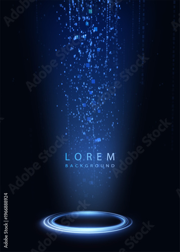 Valokuva Flowing blue particles descending onto a luminous circular base, creating a dyna