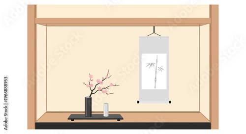 Minimalist Japanese Tokonoma Alcove with Plum Blossom Vase and Bamboo Scroll