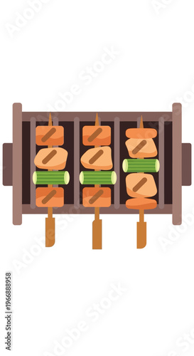Yakitori Skewers Grilling on Charcoal Grill Vector Illustration