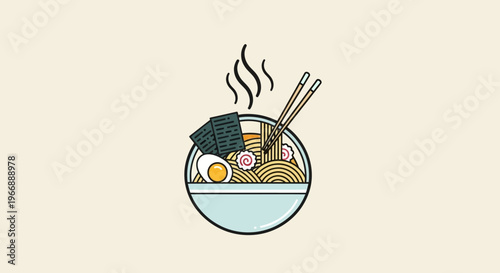 Minimalist Vector Illustration of a Hot Ramen Noodle Bowl