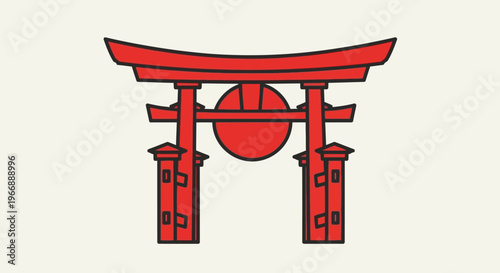 Minimalist Japanese Torii Gate Icon with Red Sun Symbol