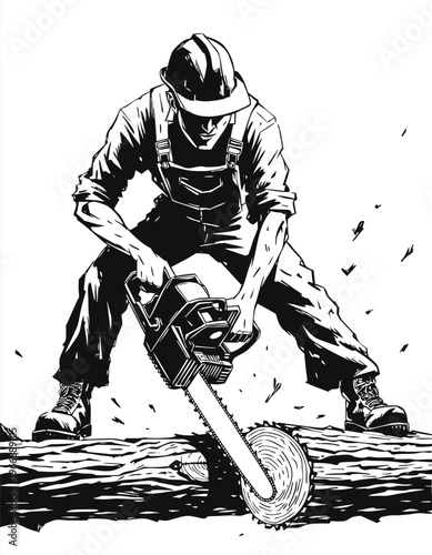 Lumberjack cutting large log with chainsaw, dynamic action pose, sawdust flying, strong muscles, protective gear, overalls, boots, hard hat, intense focus, professional logger, woodcutter, forestry wo