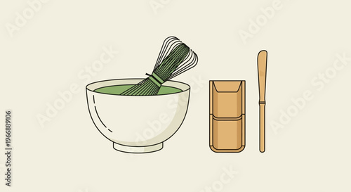 Matcha Tea Set with Bamboo Whisk and Bowl Illustration