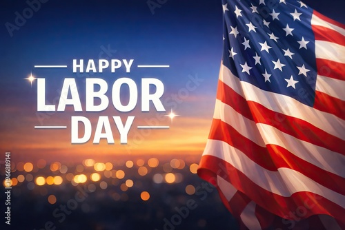 Patriotic Labor Day celebration background, American flag waving at sunset over city bokeh, Happy Labor Day greeting card with US flag
