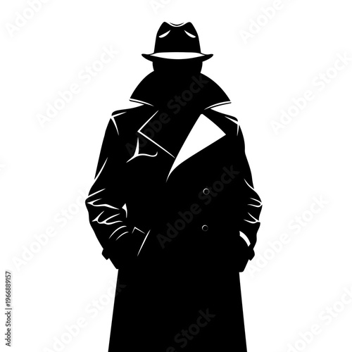 Silhouette of a Mysterious Figure in Hat and Trench Coat.