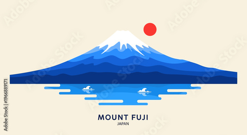 Minimalist Vector Illustration of Mount Fuji Japan with Sun