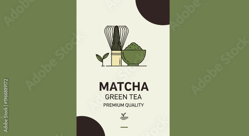 Minimalist Matcha Green Tea Illustration with Bamboo Whisk and Bowl