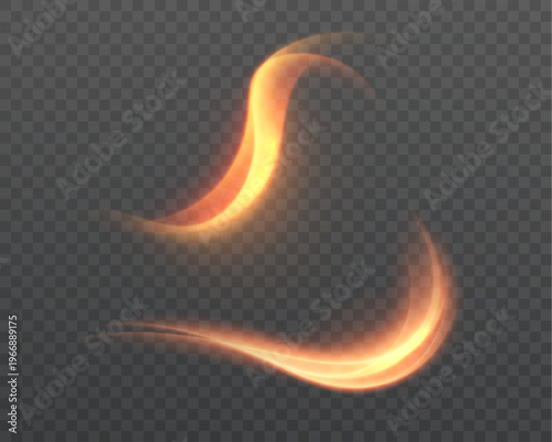 Glowing orange light swirls on transparent background for fiery overlays, energy visuals and dynamic digital design. Abstract