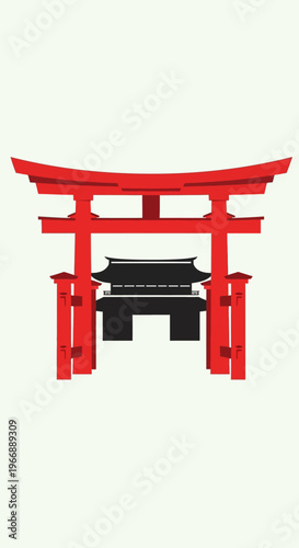 Japanese Torii Gate and Temple Shrine Silhouette Illustration