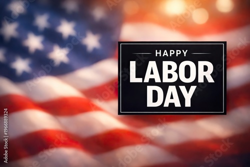Happy Labor Day greeting on black sign, blurred American flag background, patriotic holiday celebration with red white and blue colors