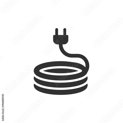 Coiled power cable with plug icon. Electrical extension cord and power connection. Monochrome black and white symbol