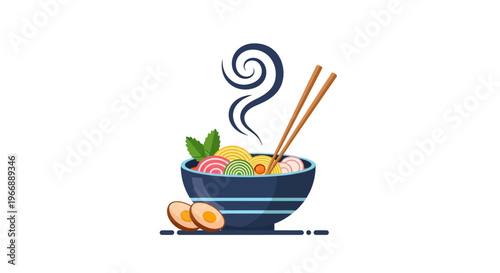 Vector Illustration of a Steaming Bowl of Ramen with Chopsticks