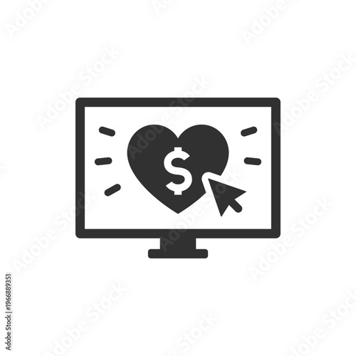 Computer monitor with heart and dollar icon. Online donation and digital charity payment. Monochrome black and white symbol