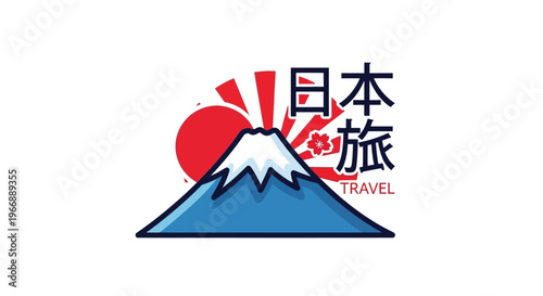Japan Travel Logo with Mount Fuji and Rising Sun Icon