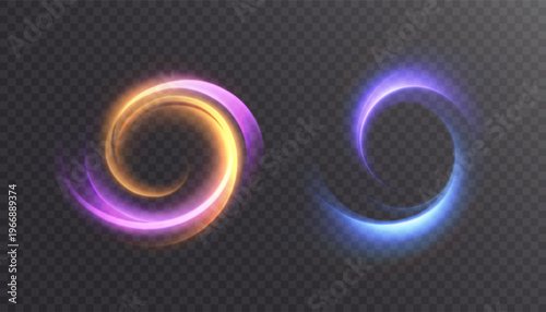 Glowing orange, blue and purple energy rings on transparent background. Abstract vector light swirls for futuristic interfaces, portals, digital overlays and sci-fi design.