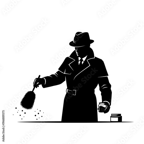 Silhouette of a mysterious man dusting for fingerprints.