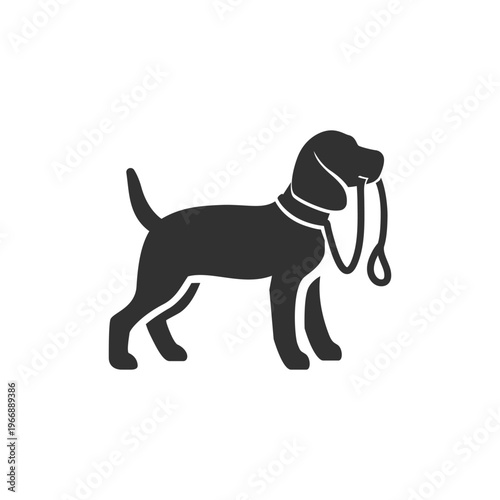 Dog holding leash in mouth icon. Pet ready for walk and dog walking concept. Monochrome black and white symbol