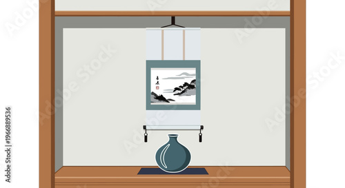 Traditional Japanese Tokonoma Alcove with Hanging Scroll and Ceramic Vase