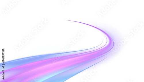 Pink, blue and violet glowing light trail on white background for futuristic design, beauty branding and clean digital visuals. Abstract vector swoosh with soft gradient motion and luminous flow.