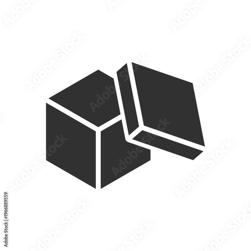 Opened cardboard box with detached lid icon. Packaging container and unpacking parcel. Monochrome black and white symbol