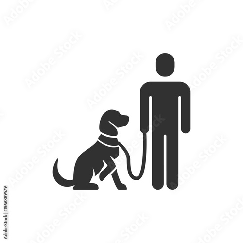 Person with dog on leash icon. Pet ownership and dog walking concept. Monochrome black and white symbol