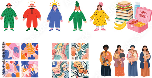 Diverse People Characters, Abstract Patterns, Lunch Box, and Everyday Objects Vector Set for Lifestyle Illustration, Social Diversity, and Modern Design Collection