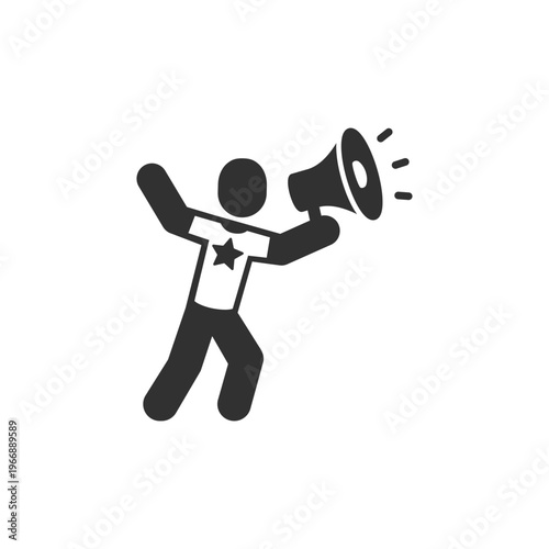 Person with megaphone wearing branded shirt icon. Brand ambassador and product promotion. Monochrome black and white symbol
