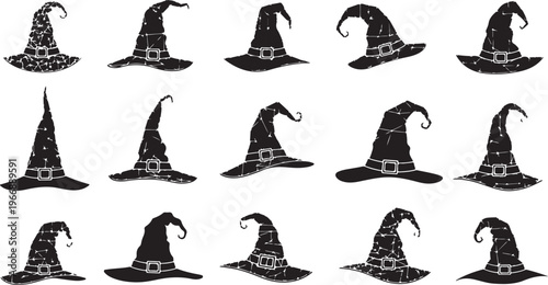 Collection of various black witch hats on white background