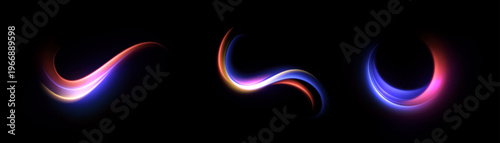 Colorful glowing light swirls on black background for futuristic design, digital overlays and vibrant promotional visuals. Abstract vector effect with flowing neon curves and radiant gradient glow.