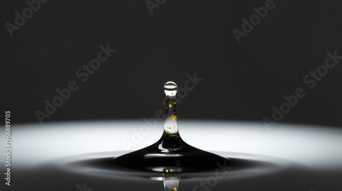 A water droplet impacts the surface, creating a crystal-clear crown with golden particles suspended inside, set against