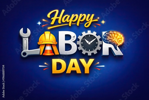 Happy Labor Day greeting card, creative 3D typography with industrial tools and hard hat, blue background with festive celebration elements