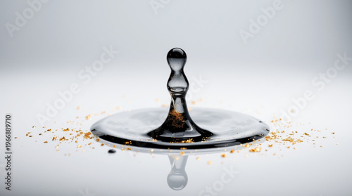 A black liquid drop impacts water surface, creating a crown splash with golden particles scattered around, clean backgro