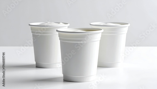 Three white disposable cups, filled with a white creamy substance, on a white surface