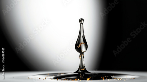 A drop impacts black liquid forming an elegant water column topped with a hanging bead scattered with golden particles a