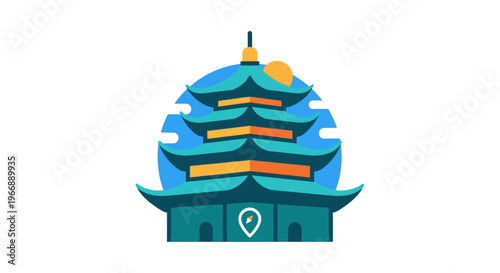 Flat Vector Illustration of a Traditional Asian Pagoda Temple with Location Pin Icon