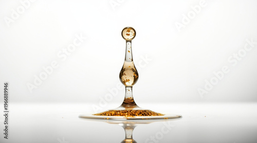 A high-speed shot captures golden liquid splashing into a droplet crown, sphere atop, slender middle, flaring base, spar