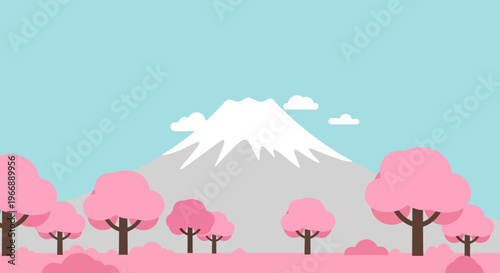 Flat Vector Illustration of Mount Fuji with Cherry Blossom Trees in Spring