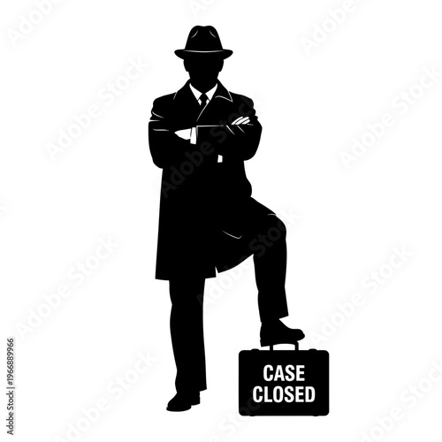 Silhouette of a Mysterious Man in Hat and Coat with Briefcase.