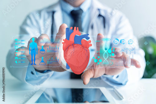 Doctor presenting digital heart interface for cardiology diagnosis