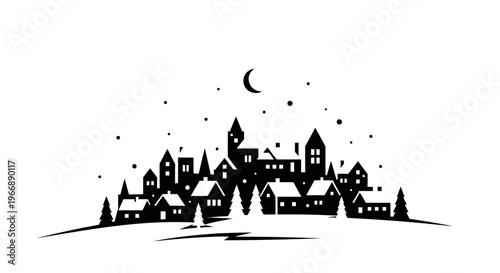 Minimalist Black and White Winter Village Silhouette Illustration