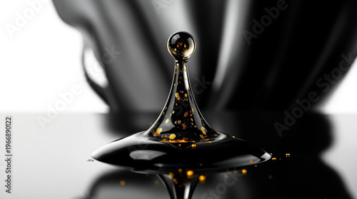 Black liquid splash creates a dynamic crown shape with suspended golden particles, set against blurred monochrome ripple