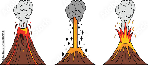 Cartoon Volcano Eruption Set with Lava Explosion, Smoke Clouds, and Magma Flow Illustrations for Natural Disaster, Geology, and Educational Design Projects.
