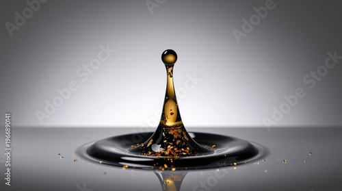 A drop of amber liquid impacts water, forming an elegant crown with suspended droplets, golden light refracting through